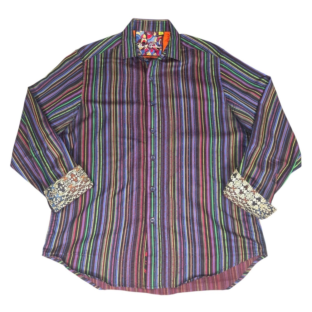 ROBERT GRAHAM Button Shirt Large Multi Striped Paisley Flip Cuff Blue Red Purple